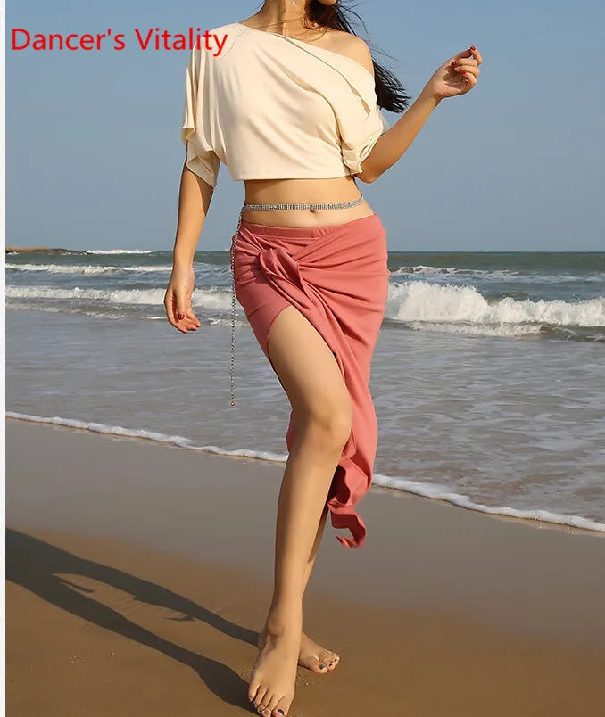 Women's Pink Crop Top and Ruched Slit Skirt Set with Rhinestone Waist Chain for Belly Dance