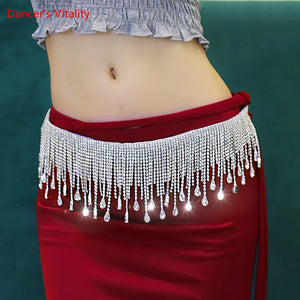 Belly Dance Hip Scarf, Women's Silver Rhinestone Fringe & Teardrop Crystal Tassel Belt, Belly Dance Hip Scarf