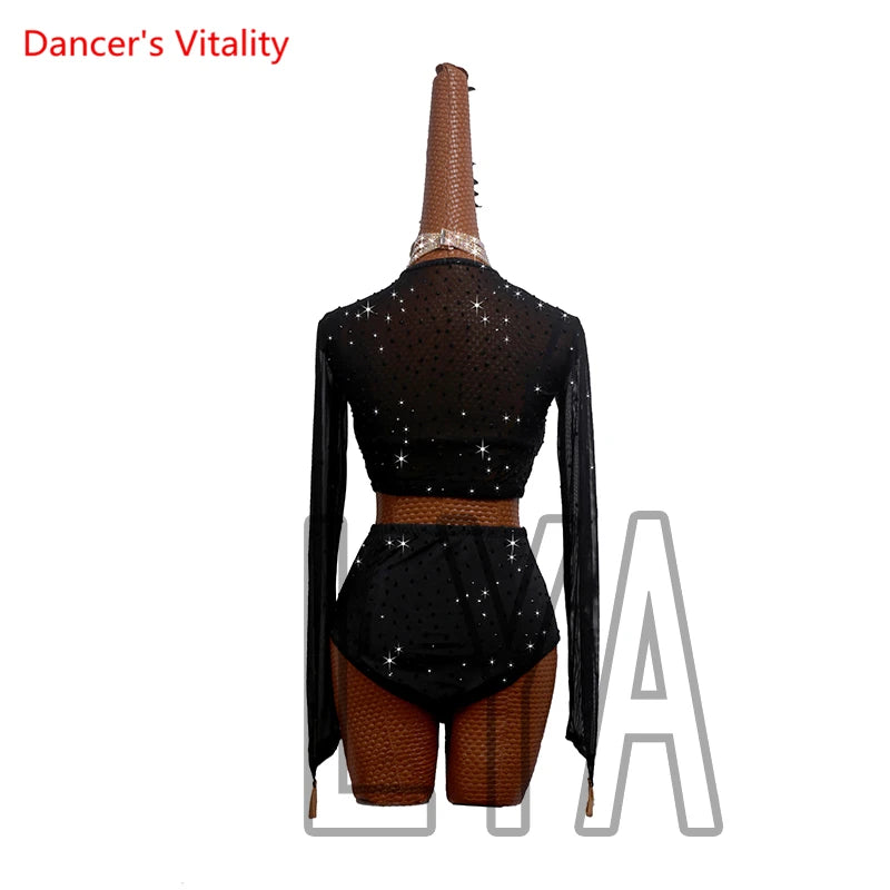 Latin Dance Costume Women's Black Rhinestone Mesh Long Sleeve Crop Top and High Waist Shorts