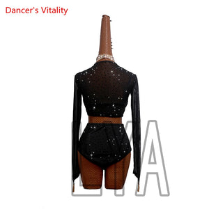 Latin Dance Costume Women's Black Rhinestone Mesh Long Sleeve Crop Top and High Waist Shorts