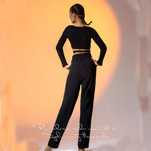 Women's Black Cut-Out Long Sleeve Crop Top and Pleated Wide Leg Dance Pants Set, Pinko Branded