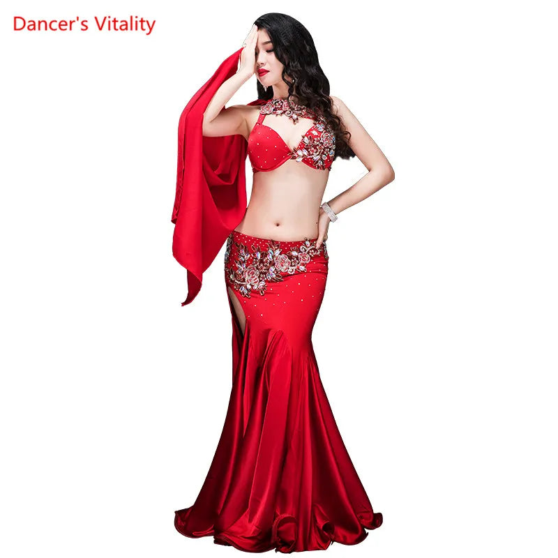 Women's Belly Dance 2-Piece Costume With Bra And Panel Skirt, Red, Purple, Royal Blue For Performance