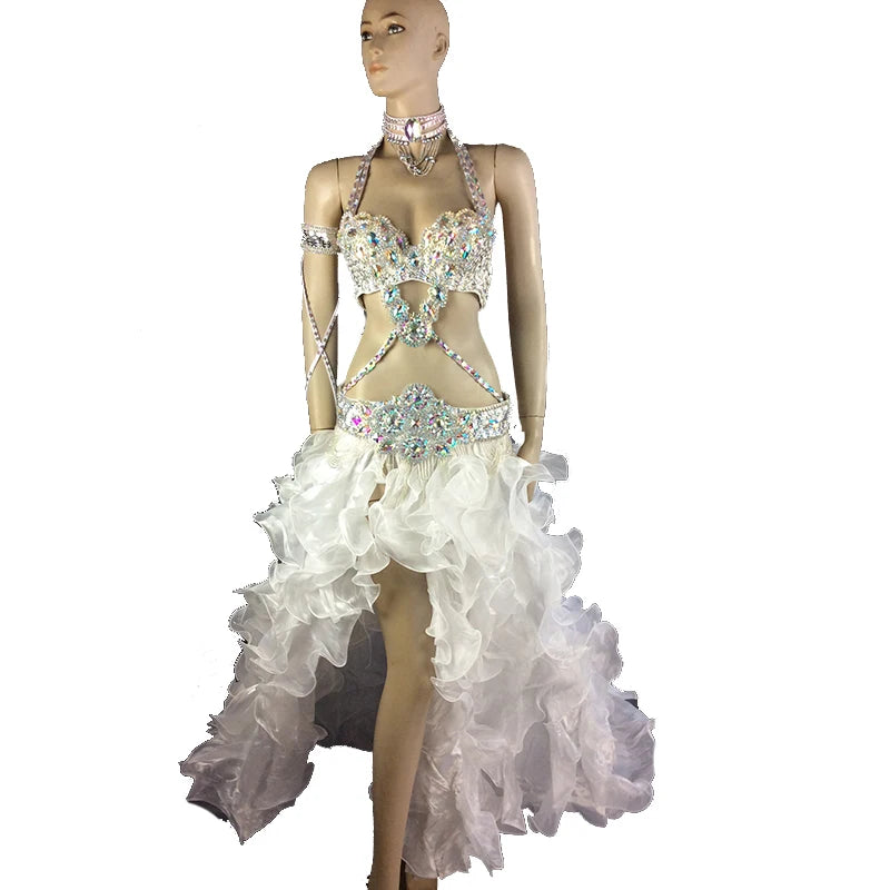 Women's White Sequin & Rhinestone Embellished Halter Neck Belly Dance Costume with Ruffled High-Low Skirt