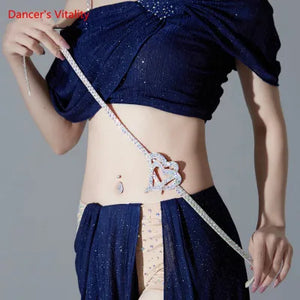 Belly Dance Costume Women's Navy Blue Sparkle Off-Shoulder Top and Skirt Set with Rhinestone Heart Belt