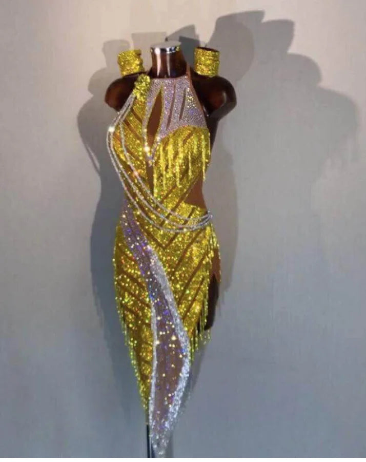 Women's Yellow & Silver Sequin Fringe Halter Neck Latin Ballroom Dance Dress