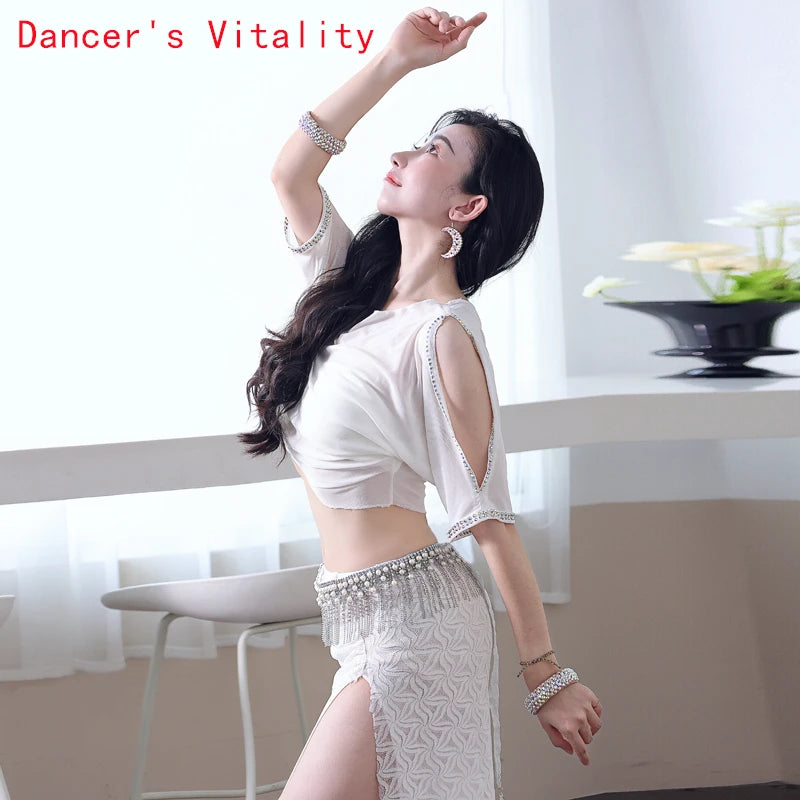 Belly Dance Costume Women's White Chiffon Crop Top and High Slit Skirt Set with Beaded Hip Scarf for Performance