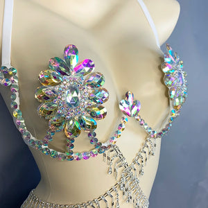 Women's White Iridescent Rhinestone Flower Bra and Bikini Set with Draping Chains, Belly Dance