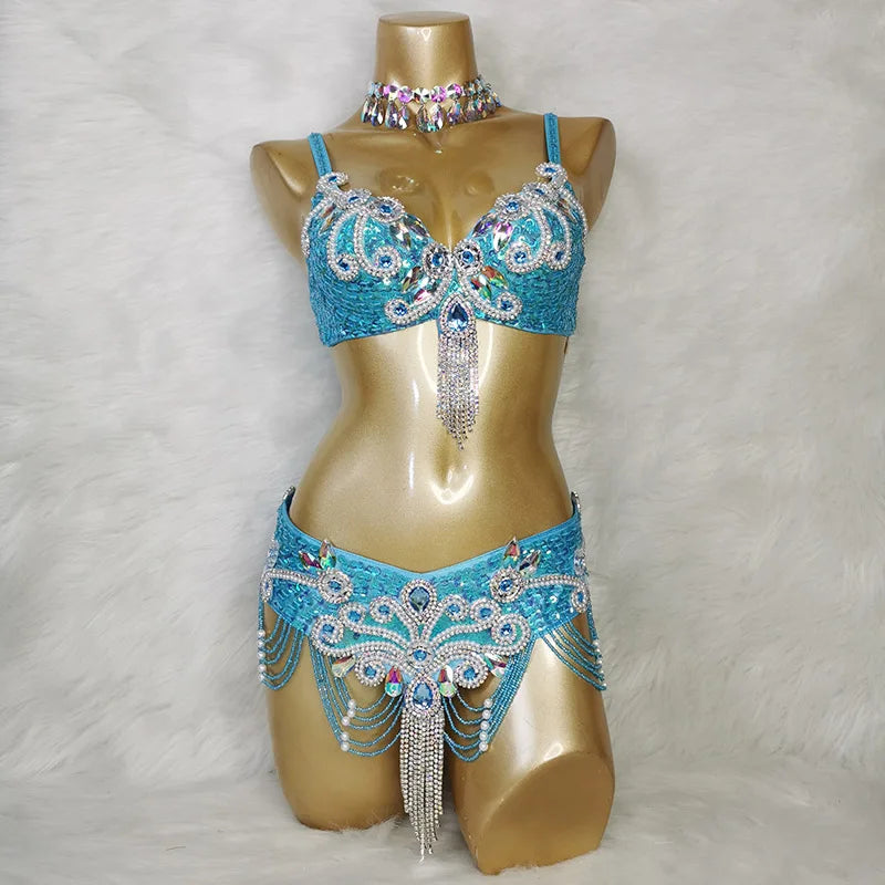 Belly Dance Costume Women's White Sequin & Rhinestone Choker Bra Belt Set with Beaded Fringe