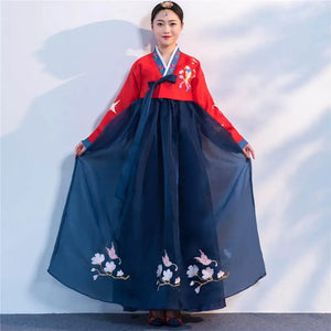 Women's Pink Hanbok Dress with Embroidered Flowers and Birds