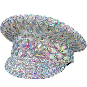 Rhinestone Embellished Military Hat, White, Sparkly Crystal Gemstone Studded, Festival Dance Accessory