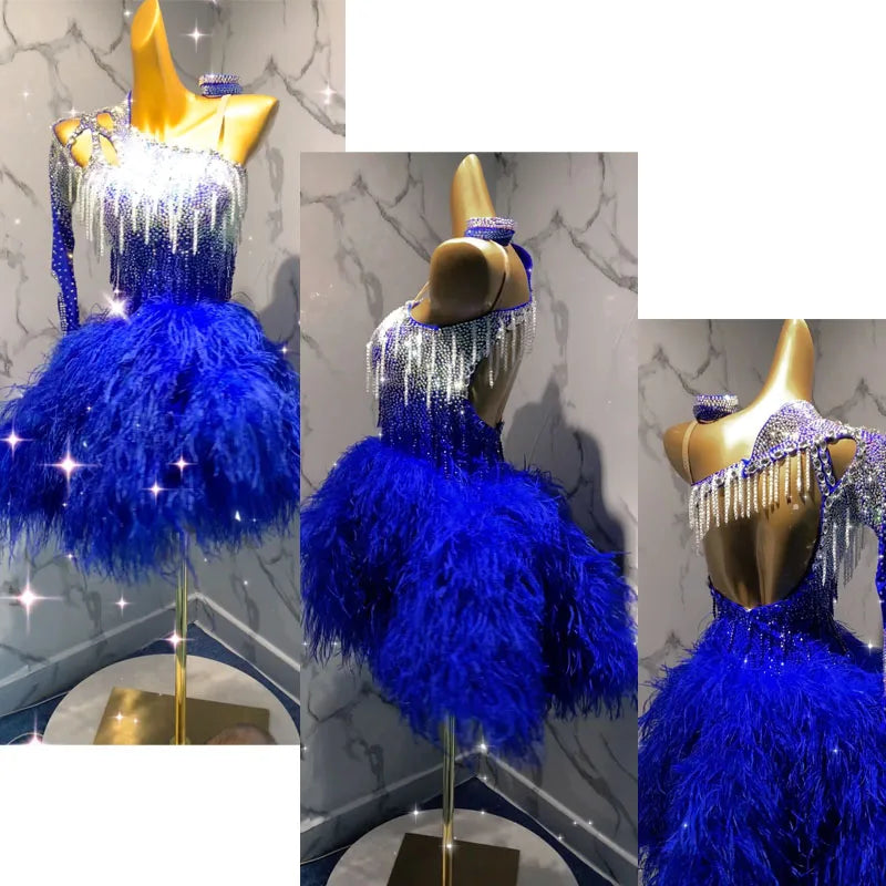 Women's Royal Blue Rhinestone Fringe Ostrich Feather Latin Dance Dress