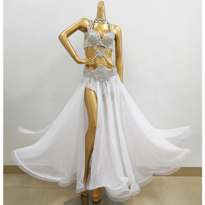 Top quality women belly dance suit bellydance Carnival costume Performance Outfit Bollywood Showgirl bellydance bra&belt&skirt TF1732 White + SK1905