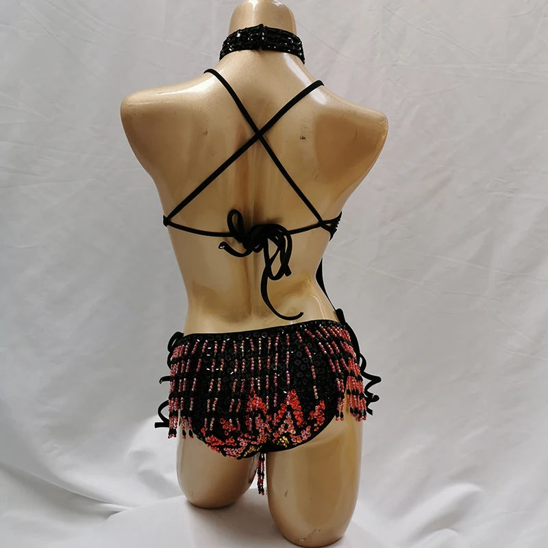 Bodysuit, Women's, Black/Red/Gold, Sequin Beaded Fringe, Latin Dance