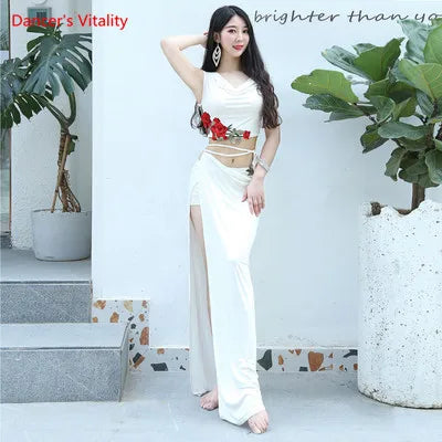 Women's Pink Floral Applique Draped Crop Top and High Slit Skirt Set for Belly Dance