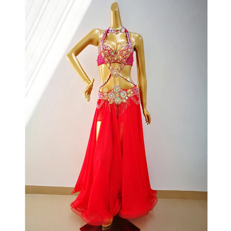 Belly Dance Costume Women's Red Beaded Halter Top & Skirt Set with Shawl