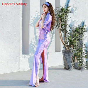 Belly Dance Dress Women Purple Satin Embroidered Kaftan with Slit and Waistband for Oriental Dance