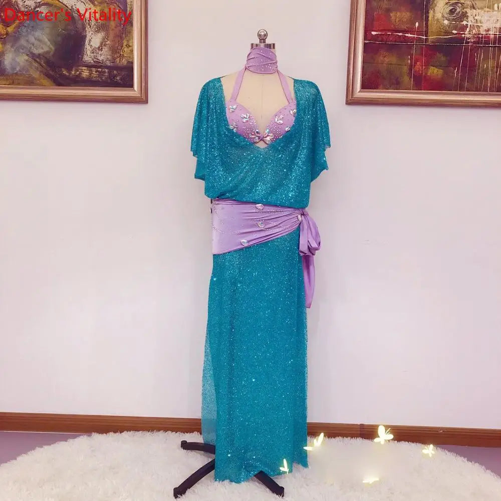 Women's Belly Dance Baladi Saidi Costume Dress Set With Bra, Glitter Fabric For Group Performance