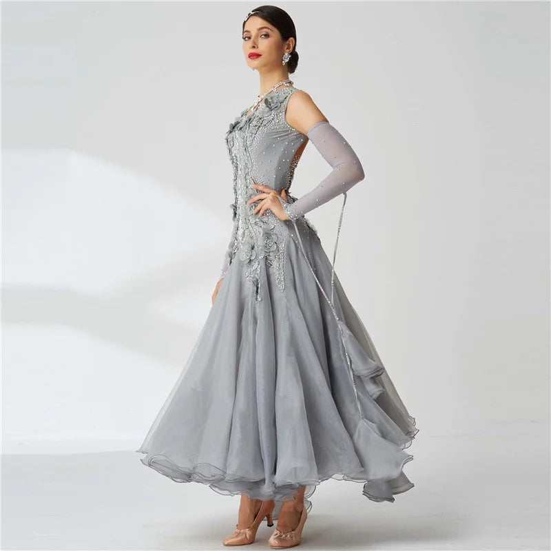 Women's Ballroom Smooth Waltz Tango Dress Gray For Competition