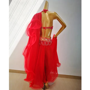 Belly Dance Costume Women's Red Beaded Halter Top & Skirt Set with Shawl