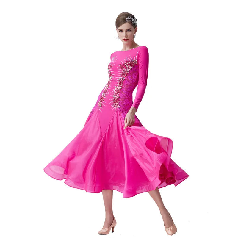 Women's Standard Ballroom Waltz Practice Dress With Pearl Silk Skirt