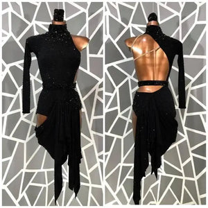 Women's Nude & Black Crystal Beaded Fringe Latin Salsa Dance Dress with Drape