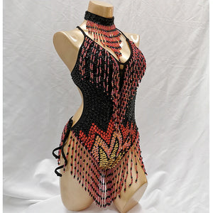 Bodysuit, Women's, Black/Red/Gold, Sequin Beaded Fringe, Latin Dance