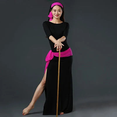 Belly Dance Dress Women's Black & Pink Long Sleeve Side Slit Baladi Saidi Folkloric Dress with Headband and Hip Scarf