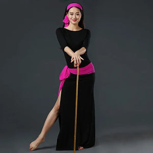 Belly Dance Dress Women's Black & Pink Long Sleeve Side Slit Baladi Saidi Folkloric Dress with Headband and Hip Scarf