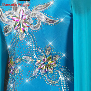 Ballroom Dance Dress Women's Blue Rhinestone Mesh Long Sleeve Tulle Gown Standard Dance