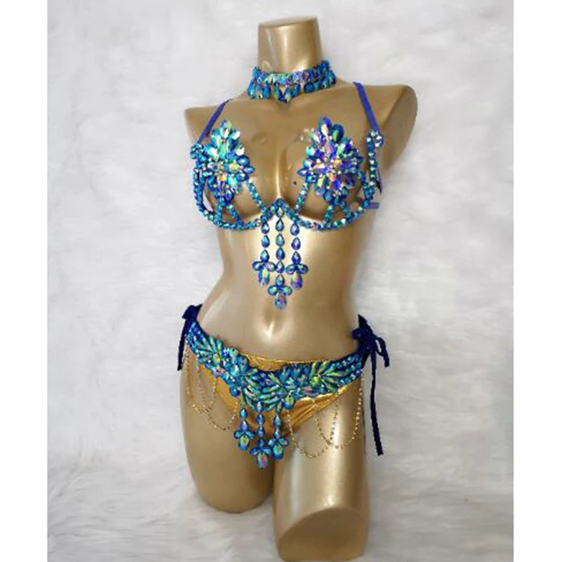 Dance Costume Women's Blue & Gold Bejeweled Rhinestone Bra & Skirt Set for Belly Dance