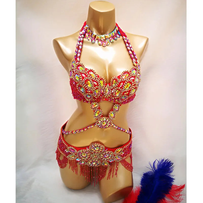 Women's Blue Embellished Halter Neck Sequin & Beaded Belly Dance Costume