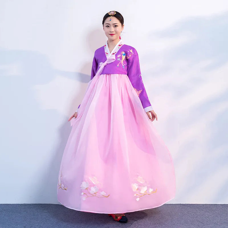 Women's Pink Hanbok Dress with Embroidered Flowers and Birds