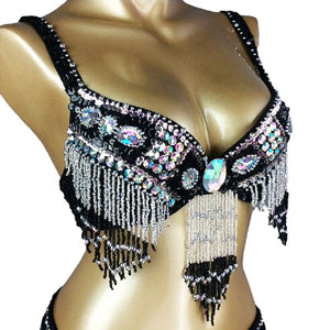 Women's Black Sequin Beaded Fringe Belly Dance Bra Top