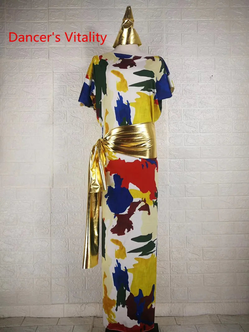 Belly Dance Costume, Women's Leopard Print Gold Belt Kaftan Dress, Tribal Dance