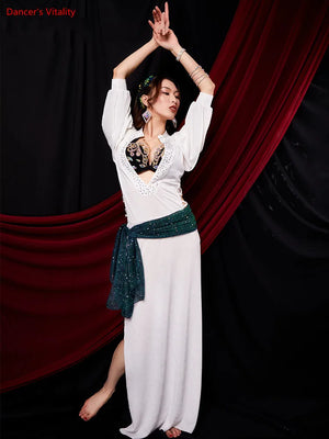 Belly Dance Dress Women's White Long Sleeve Sequin Sash Slit Skirt Set