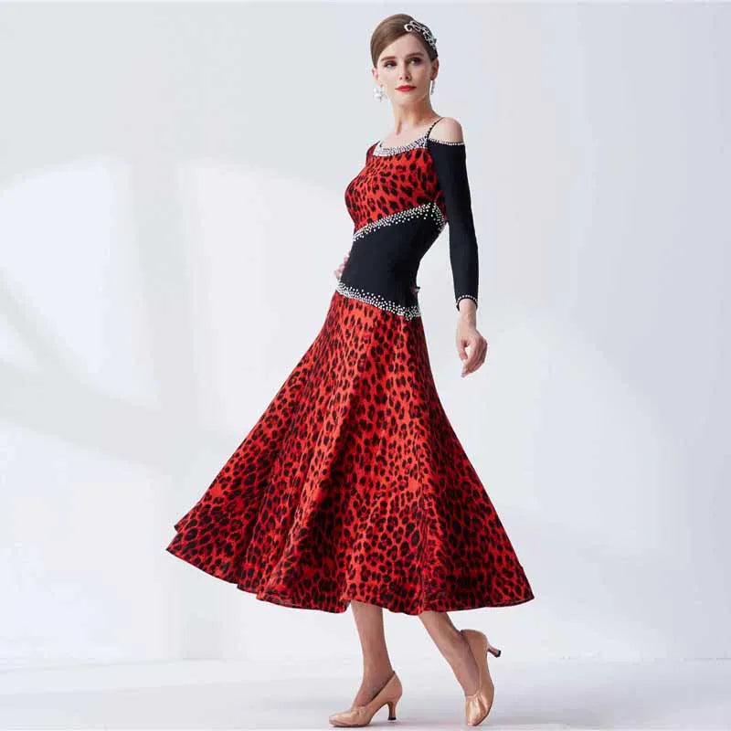 Standard Ballroom Waltz Practice Dress One-Piece Ice Silk Leopard Print For Women