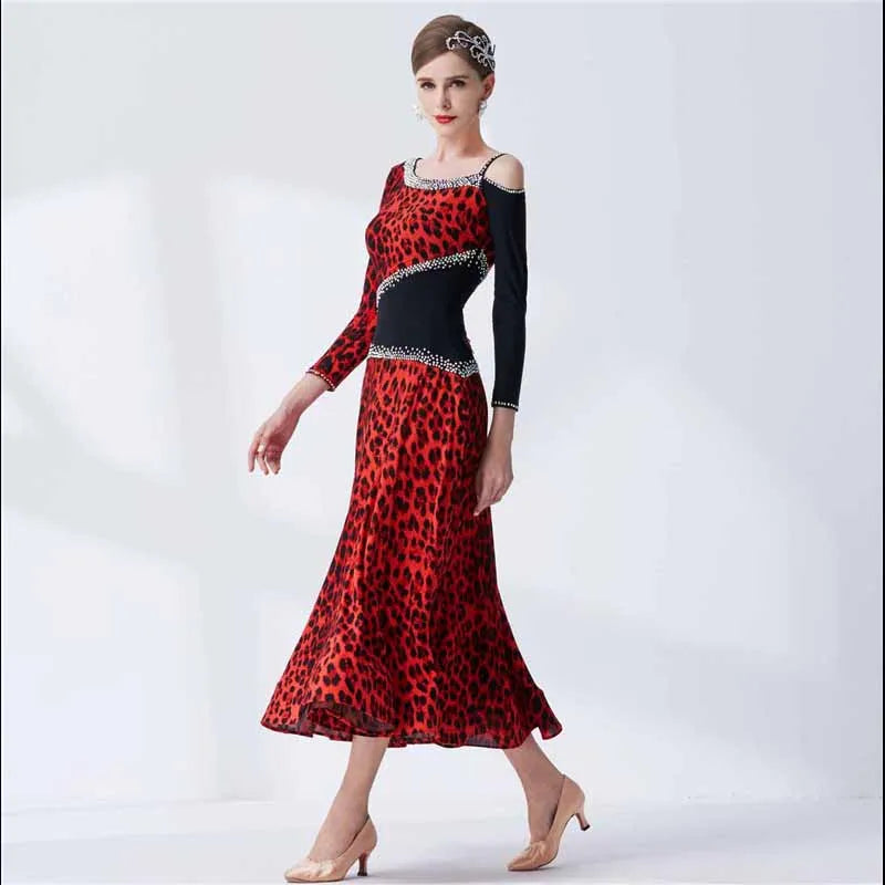 Standard Ballroom Waltz Practice Dress One-Piece Ice Silk Leopard Print For Women