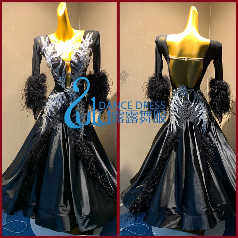 Women's Black Sequin Feather Long Sleeve Ballroom Dance Dress