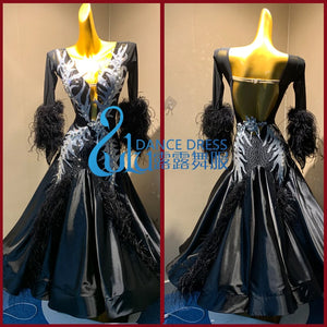 Women's Black Sequin Feather Long Sleeve Ballroom Dance Dress