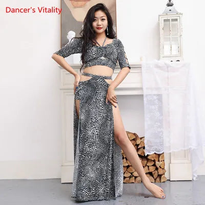 Belly Dance Costume Women's Leopard Print Halter Crop Top and High Slit Skirt Set, Chiffon Tribal Dancewear