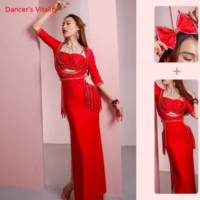 Women's Belly Dance Costume 3-Piece Set With Rhinestone Headband, Top And Long Tassel Skirt For Performance