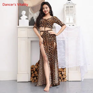 Belly Dance Costume Women's Leopard Print Halter Crop Top and High Slit Skirt Set, Chiffon Tribal Dancewear