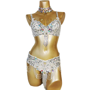 Belly Dance Costume Women's White Sequin & Rhinestone Choker Bra Belt Set with Beaded Fringe