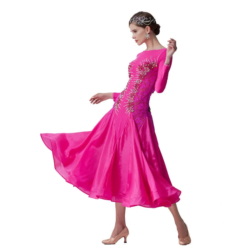 Women's Standard Ballroom Waltz Practice Dress With Pearl Silk Skirt