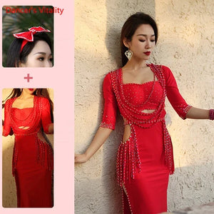 Belly Dance Costume, Women's Olive Green Sequin Embellished Slit Maxi Dress, Satin, Professional Performance Wear