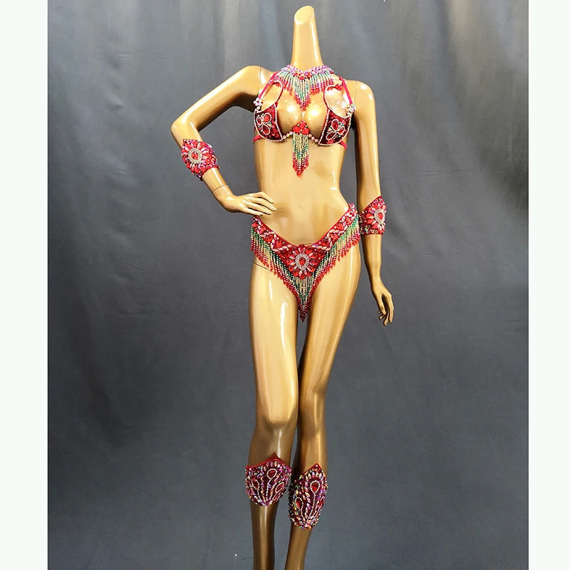 Women's Red Sequin Beaded Fringe Samba Belly Dance Costume Set