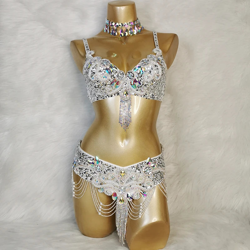 Belly Dance Costume Women's White Sequin & Rhinestone Choker Bra Belt Set with Beaded Fringe