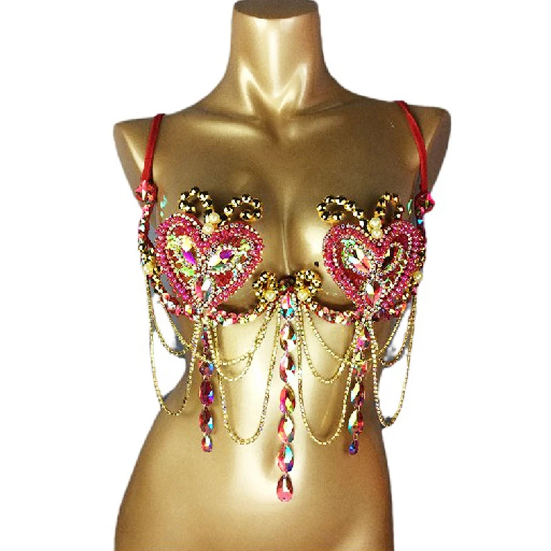 Rhinestone Heart Bra Top, Women's Red/Pink/Gold Embellished with Chains and Faux Pearls, Belly Dance/Carnival/Burlesque Costume Bra