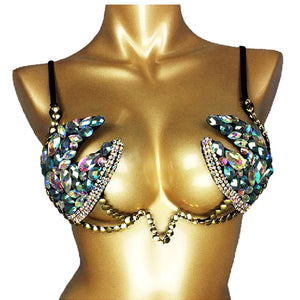 Belly Dance Bra Top, Women's Teal & Iridescent Rhinestone Sequin Chain Bra, Tribal Fusion Dancewear