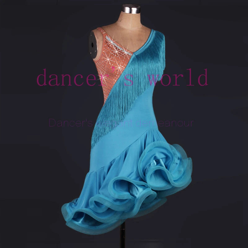 Women's Hot Pink Latin Dance Dress with Fringe, Rhinestones, and Ruffled Skirt